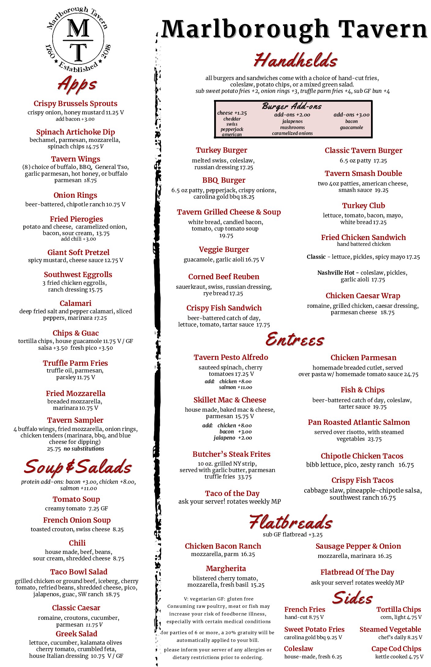 Marlborough Tavern Spring Menu F